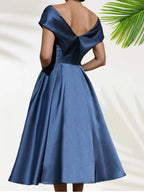 A Line Off the Shoulder Cap Sleeves Tea Length Mother of the Bride Dress