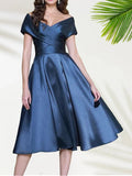 A Line Off the Shoulder Cap Sleeves Tea Length Mother of the Bride Dress