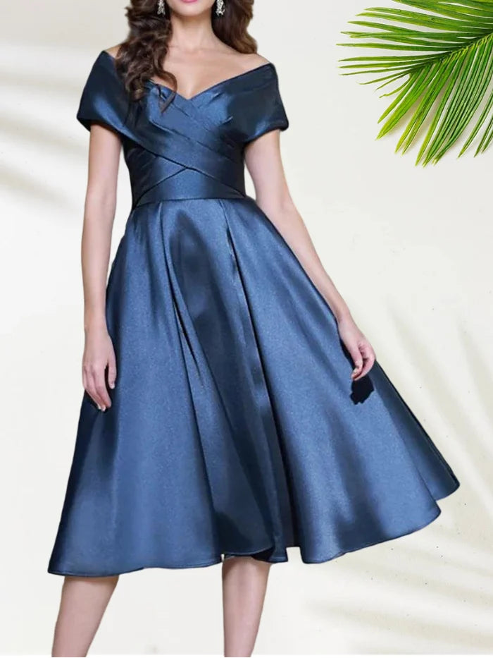 A Line Off the Shoulder Cap Sleeves Tea Length Mother of the Bride Dress