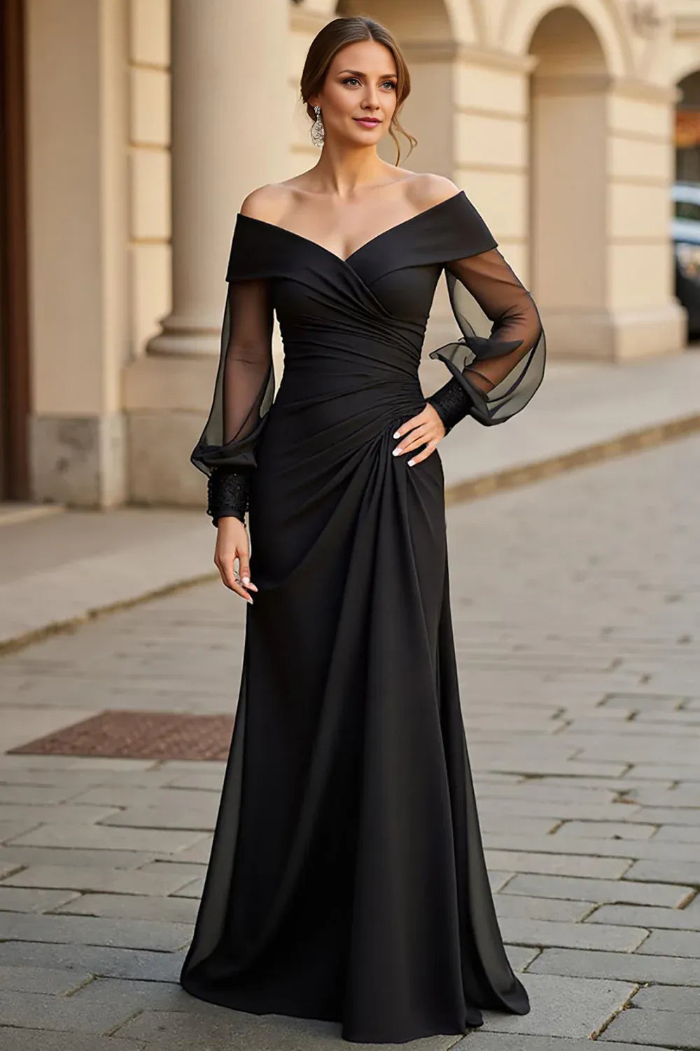 A Line Off the Shoulder Long Sleeve Open Back Floor-Length Mother of the Bride Dress
