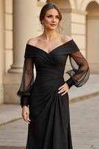 A Line Off the Shoulder Long Sleeve Open Back Floor-Length Mother of the Bride Dress