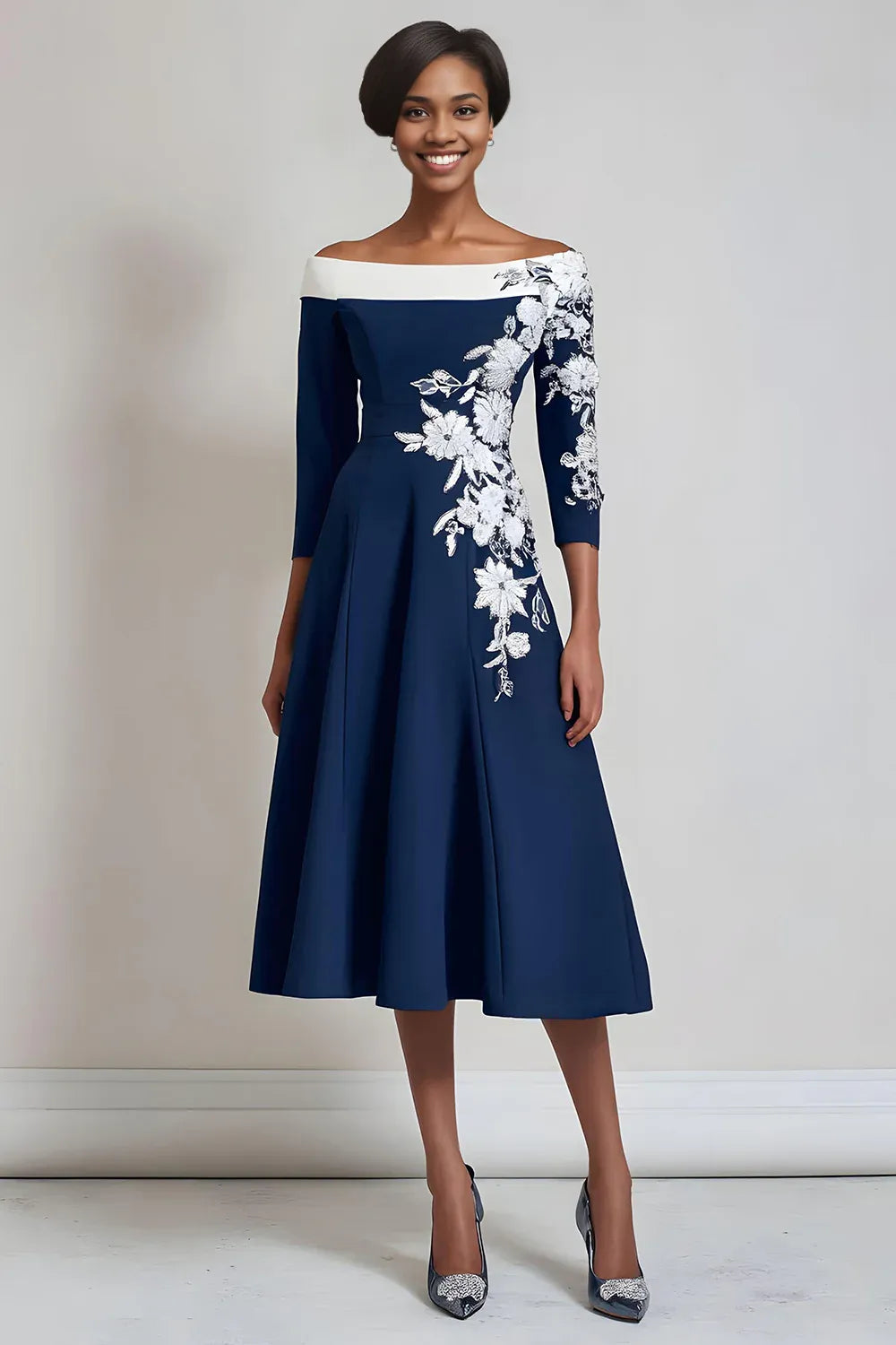 A Line Off the Shoulder Long Sleeves Up Tea-Length Mother of the Bride Dress