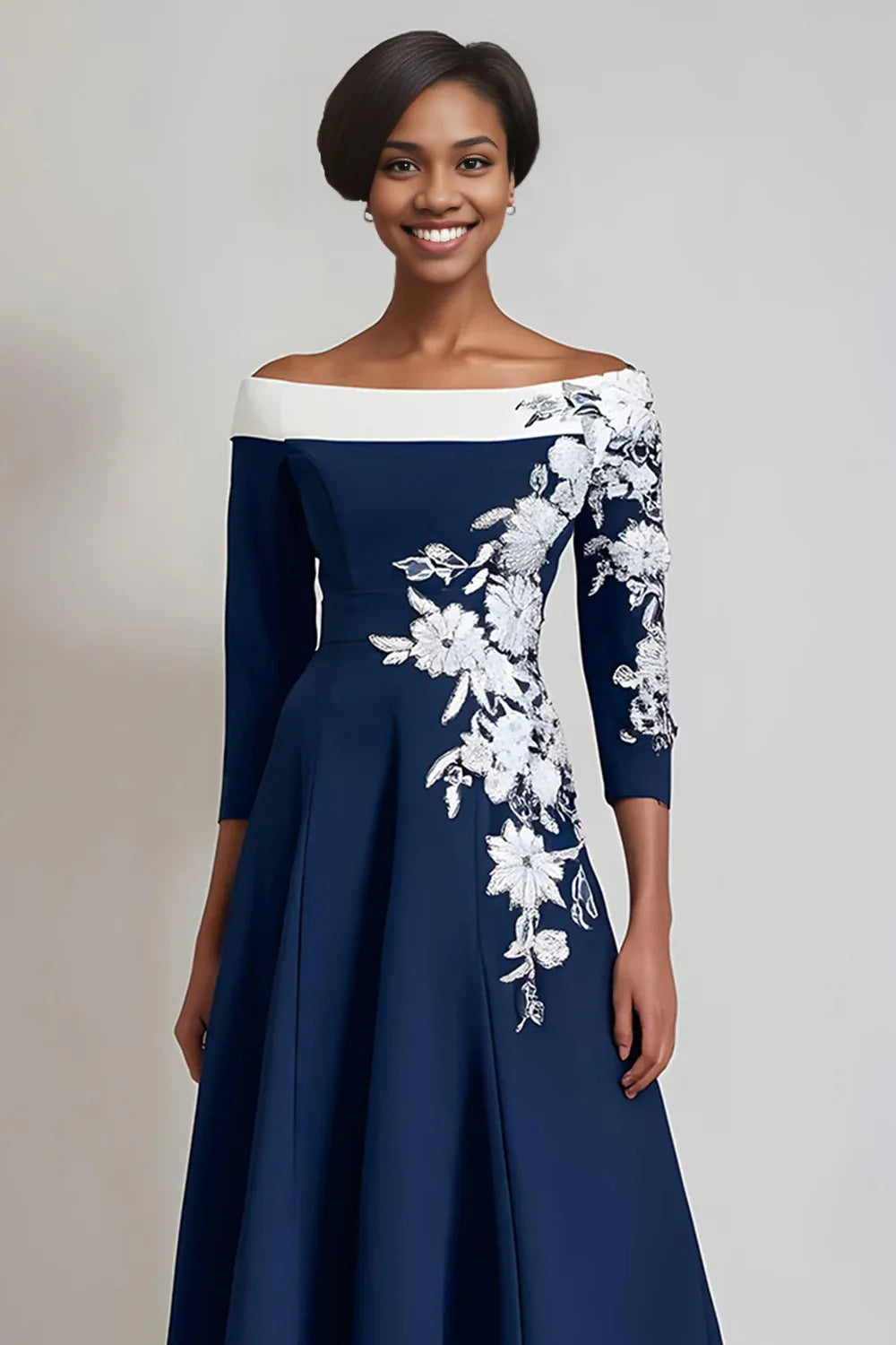 A Line Off the Shoulder Long Sleeves Up Tea-Length Mother of the Bride Dress