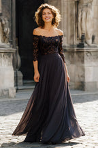 A Line Off the Shoulder Long Sleeves Zipper Up Floor-Length Mother of the Bride Dress