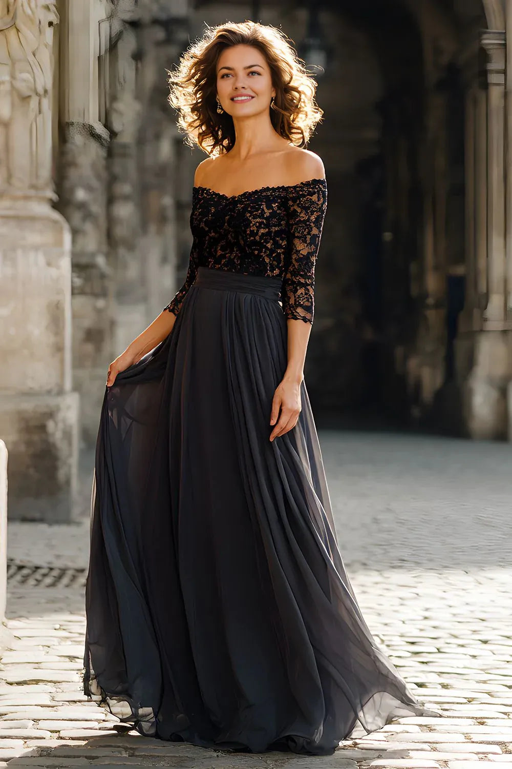 A Line Off the Shoulder Long Sleeves Zipper Up Floor-Length Mother of the Bride Dress