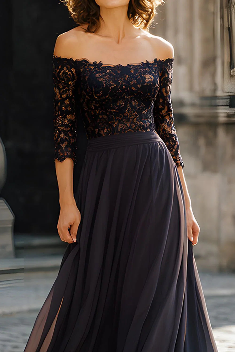 A Line Off the Shoulder Long Sleeves Zipper Up Floor-Length Mother of the Bride Dress