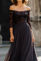 A Line Off the Shoulder Long Sleeves Zipper Up Floor-Length Mother of the Bride Dress