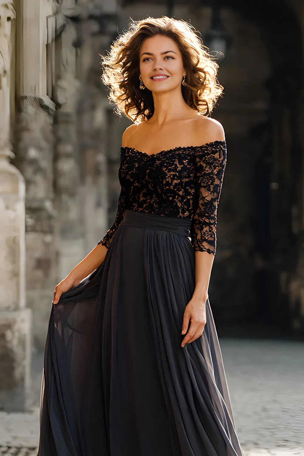 A Line Off the Shoulder Long Sleeves Zipper Up Floor-Length Mother of the Bride Dress