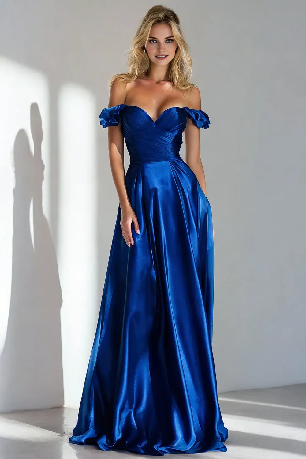 A Line Off the Shoulder Sleeveless Backless Ruched Floor-Length Prom Dress
