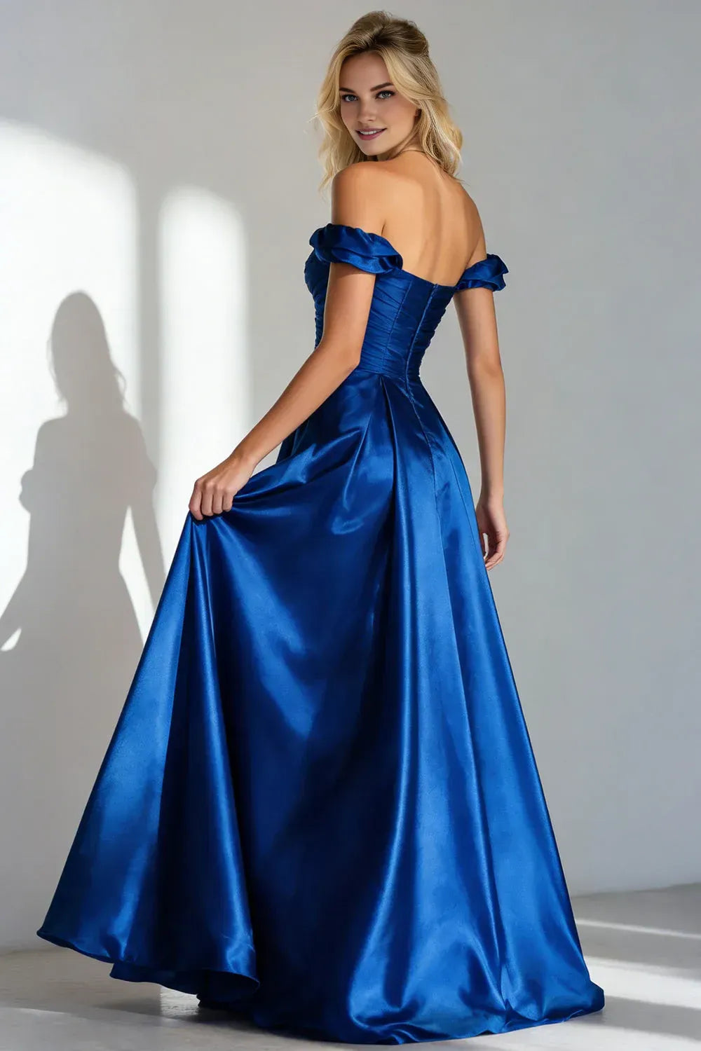 A Line Off the Shoulder Sleeveless Backless Ruched Floor-Length Prom Dress