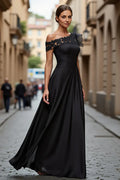 A Line One Shoulder Cap Sleeve Sheer Back Floor-Length Mother of the Bride Dress