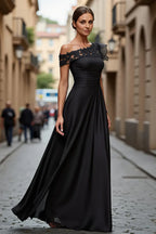 A Line One Shoulder Cap Sleeve Sheer Back Floor-Length Mother of the Bride Dress