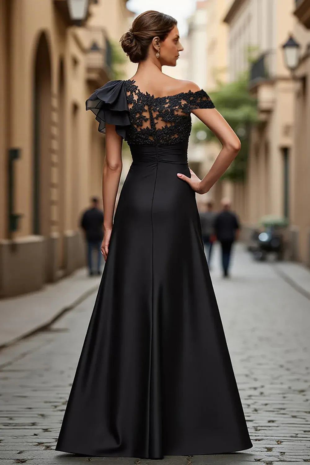A Line One Shoulder Cap Sleeve Sheer Back Floor-Length Mother of the Bride Dress