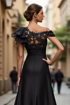 A Line One Shoulder Cap Sleeve Sheer Back Floor-Length Mother of the Bride Dress