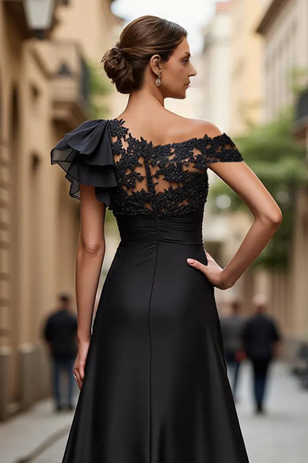 A Line One Shoulder Cap Sleeve Sheer Back Floor-Length Mother of the Bride Dress