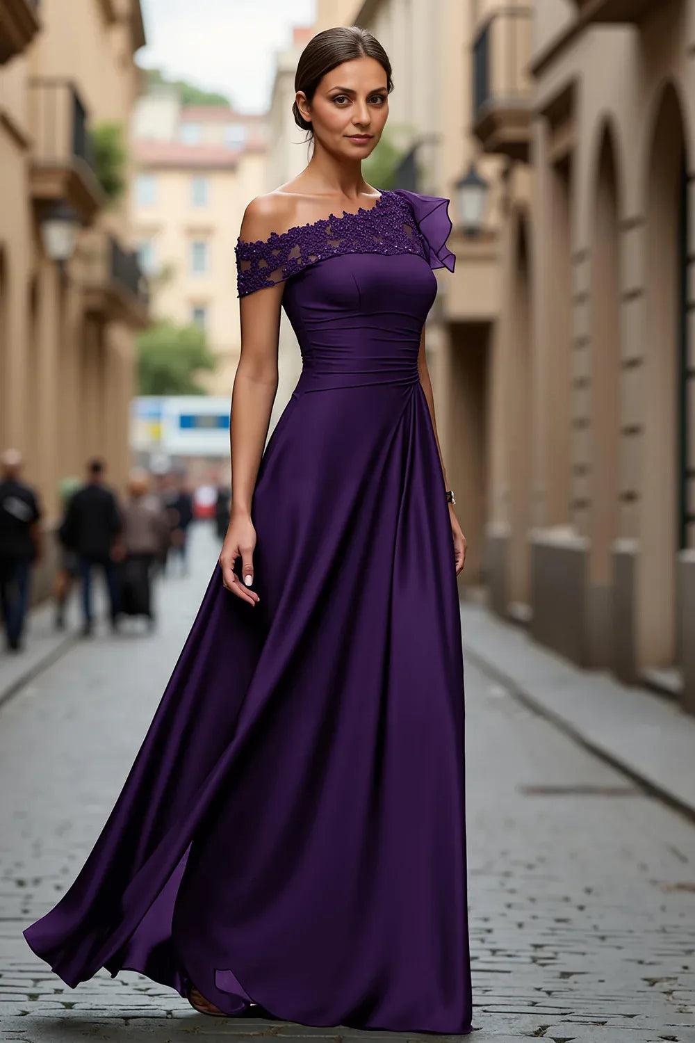 A Line One Shoulder Cap Sleeve Sheer Back Floor-Length Mother of the Bride Dress
