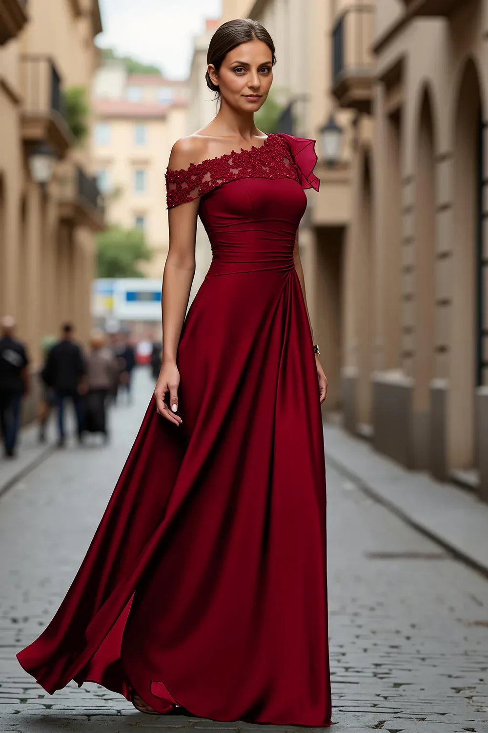 A Line One Shoulder Cap Sleeve Sheer Back Floor-Length Mother of the Bride Dress