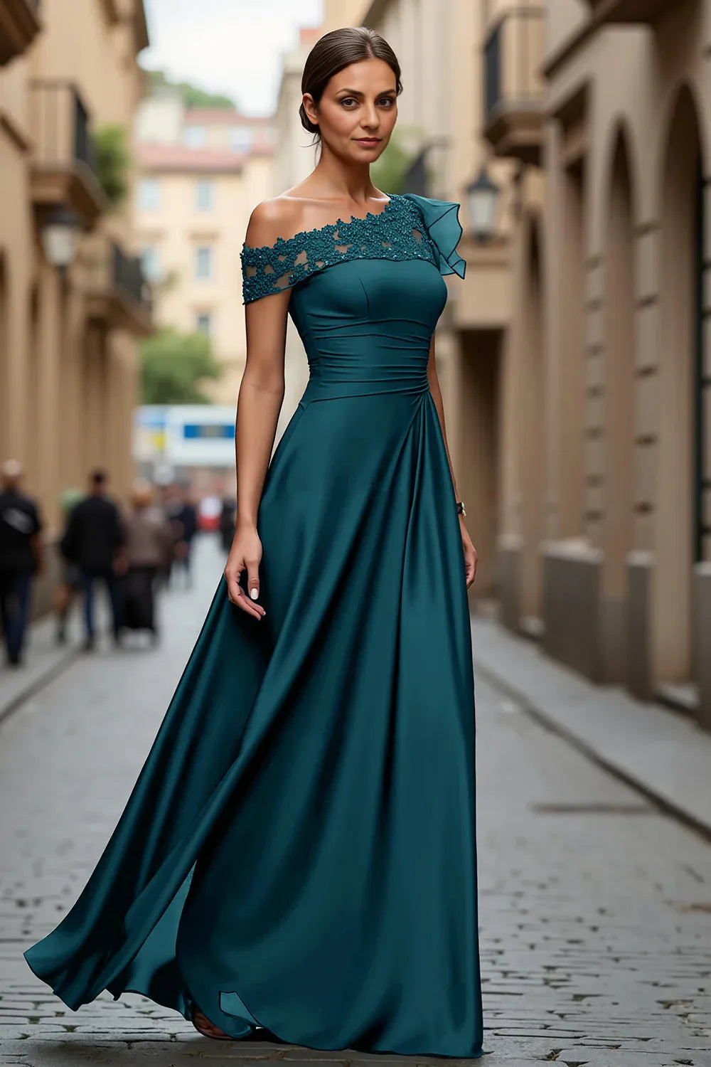 A Line One Shoulder Cap Sleeve Sheer Back Floor-Length Mother of the Bride Dress