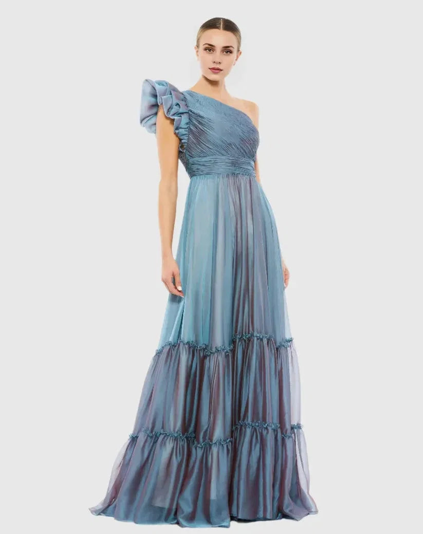 A Line One Shoulder Sleeveless Backless Sweep/Brush Train Prom Dress