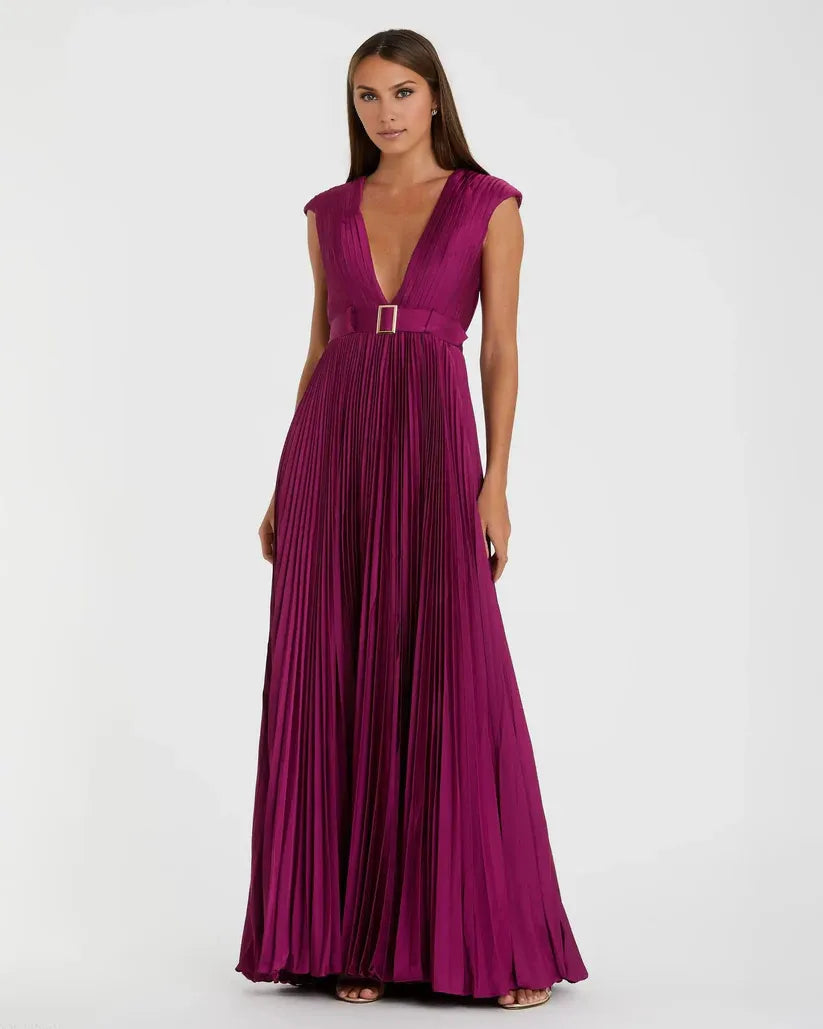 A Line Plunge Neck Cap Sleeve Zipper Up Floor-Length Prom Dress