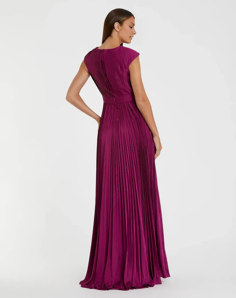A Line Plunge Neck Cap Sleeve Zipper Up Floor-Length Prom Dress