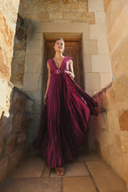 A Line Plunge Neck Cap Sleeve Zipper Up Floor-Length Prom Dress
