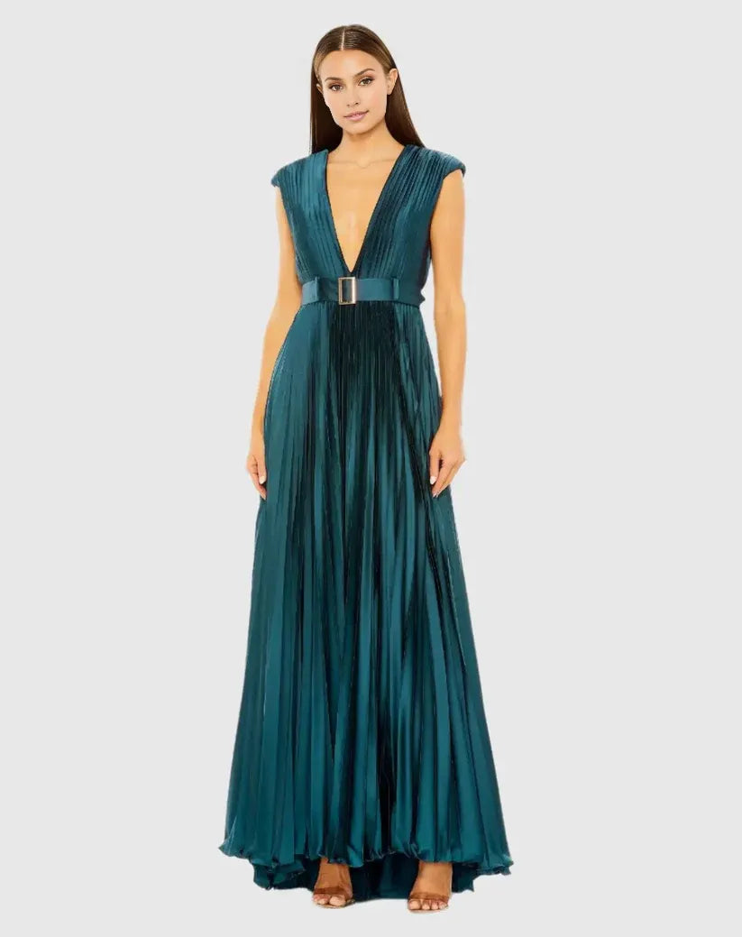 A Line Plunge Neck Cap Sleeve Zipper Up Floor-Length Prom Dress