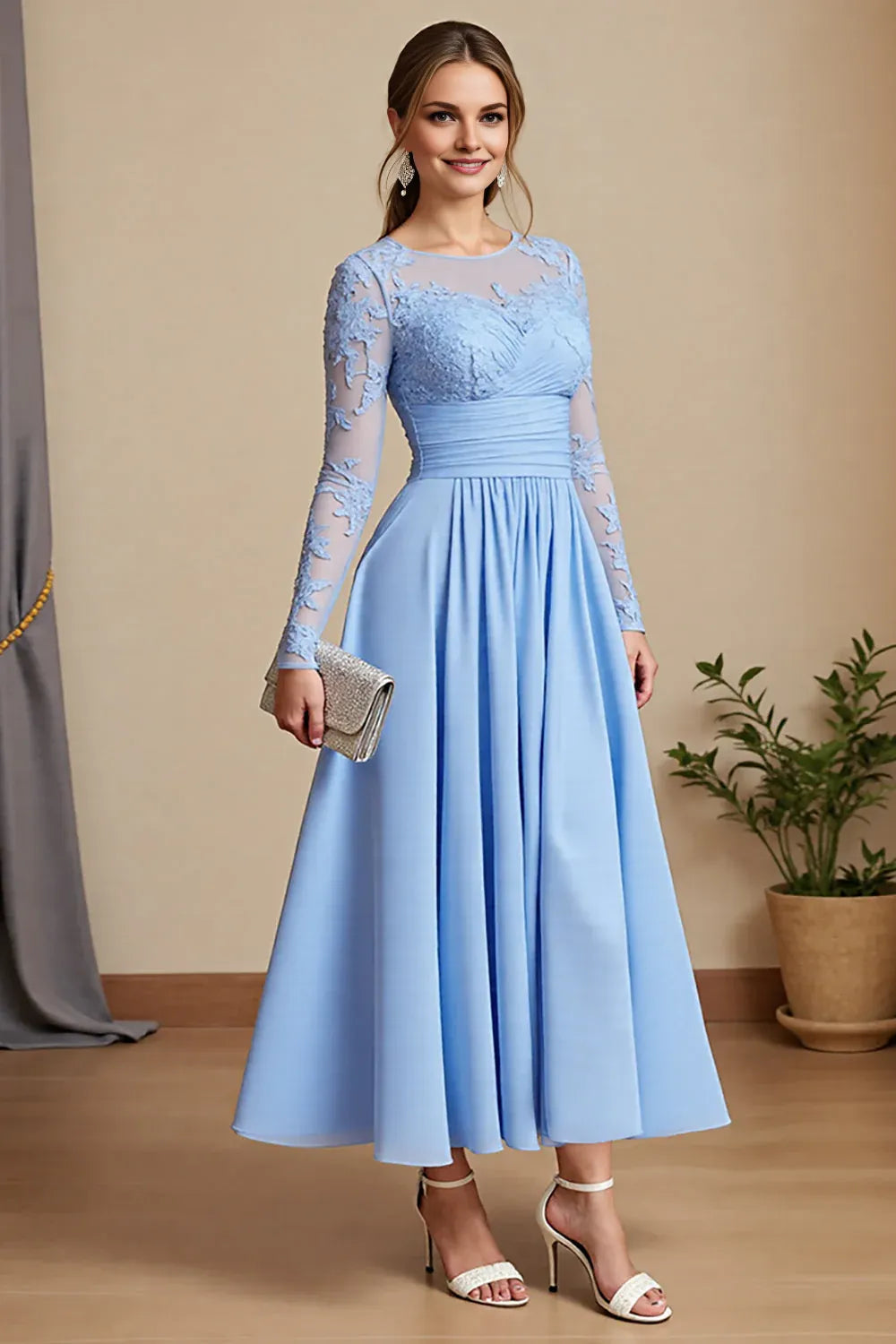 A Line Scoop-Neck Long Sleeve Sheer Back Ankle-Length Mother of the Bride Dress