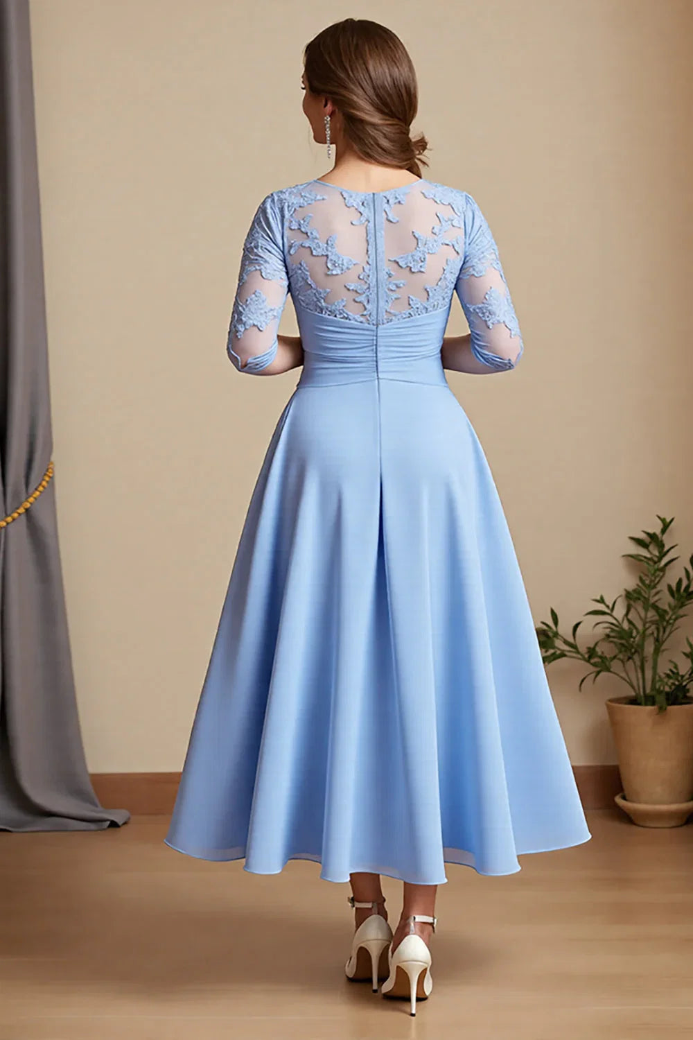 A Line Scoop-Neck Long Sleeve Sheer Back Ankle-Length Mother of the Bride Dress