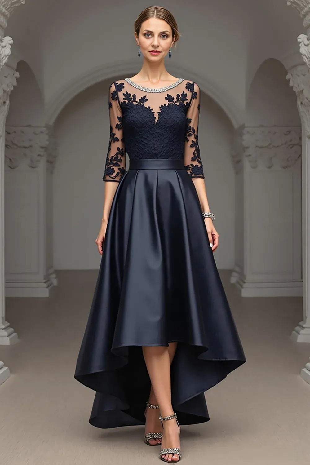 A Line Scoop Neck Long Sleeve Sheer Back Floor-Length Mother of the Bride Dress