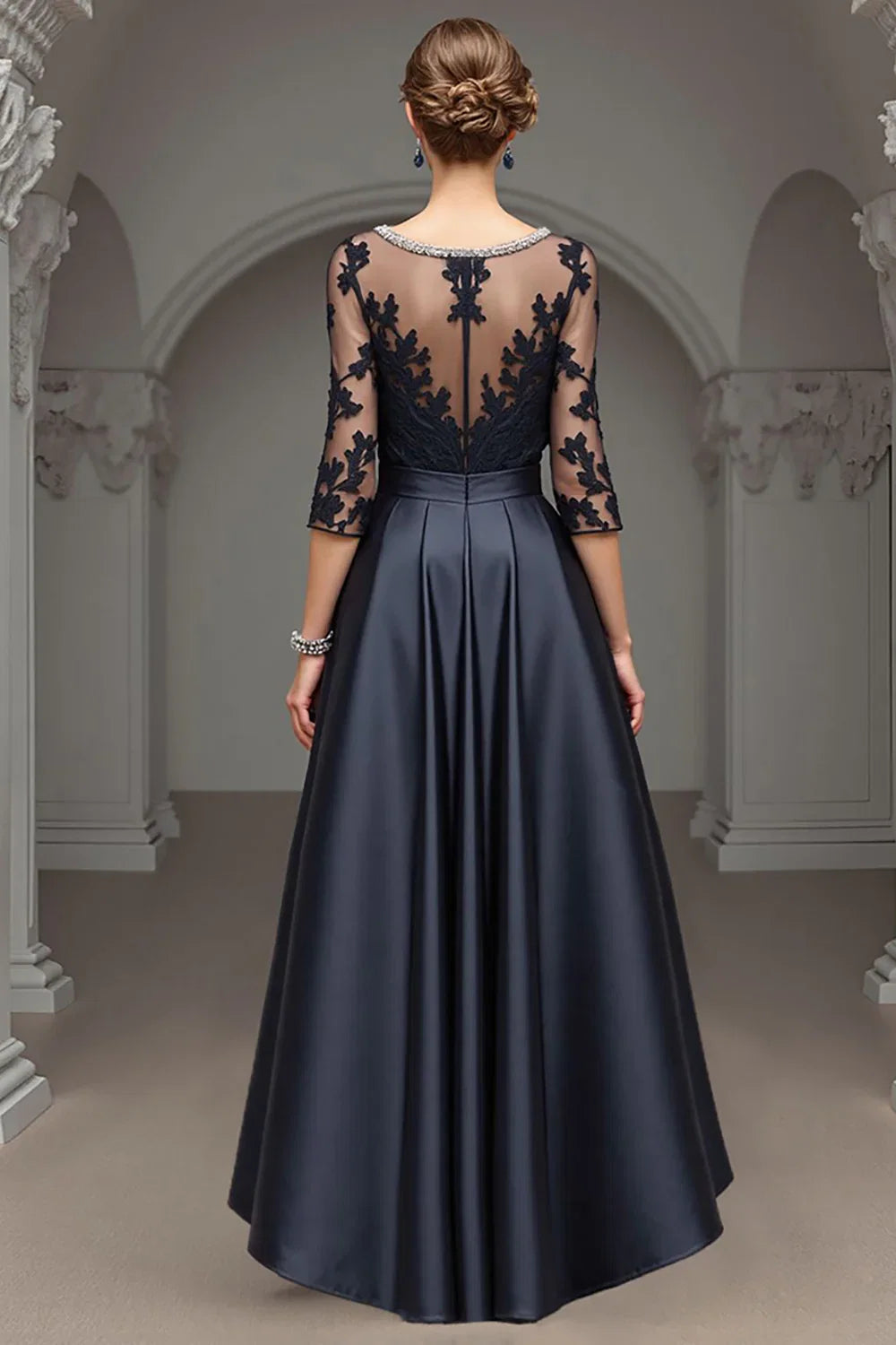 A Line Scoop Neck Long Sleeve Sheer Back Floor-Length Mother of the Bride Dress