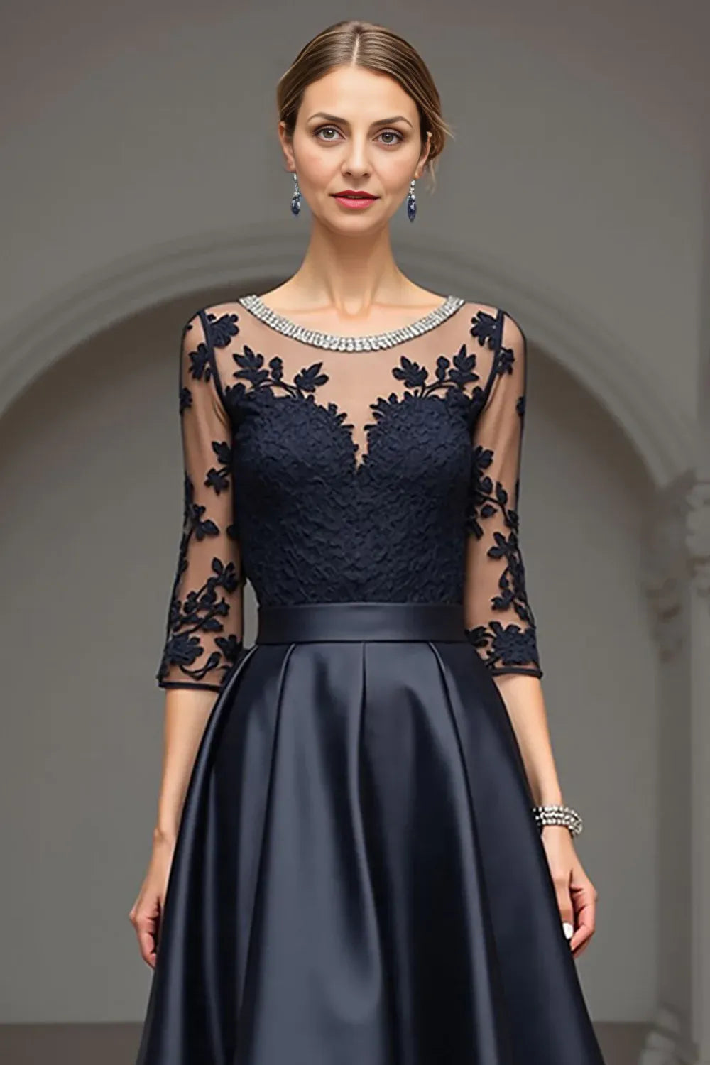 A Line Scoop Neck Long Sleeve Sheer Back Floor-Length Mother of the Bride Dress