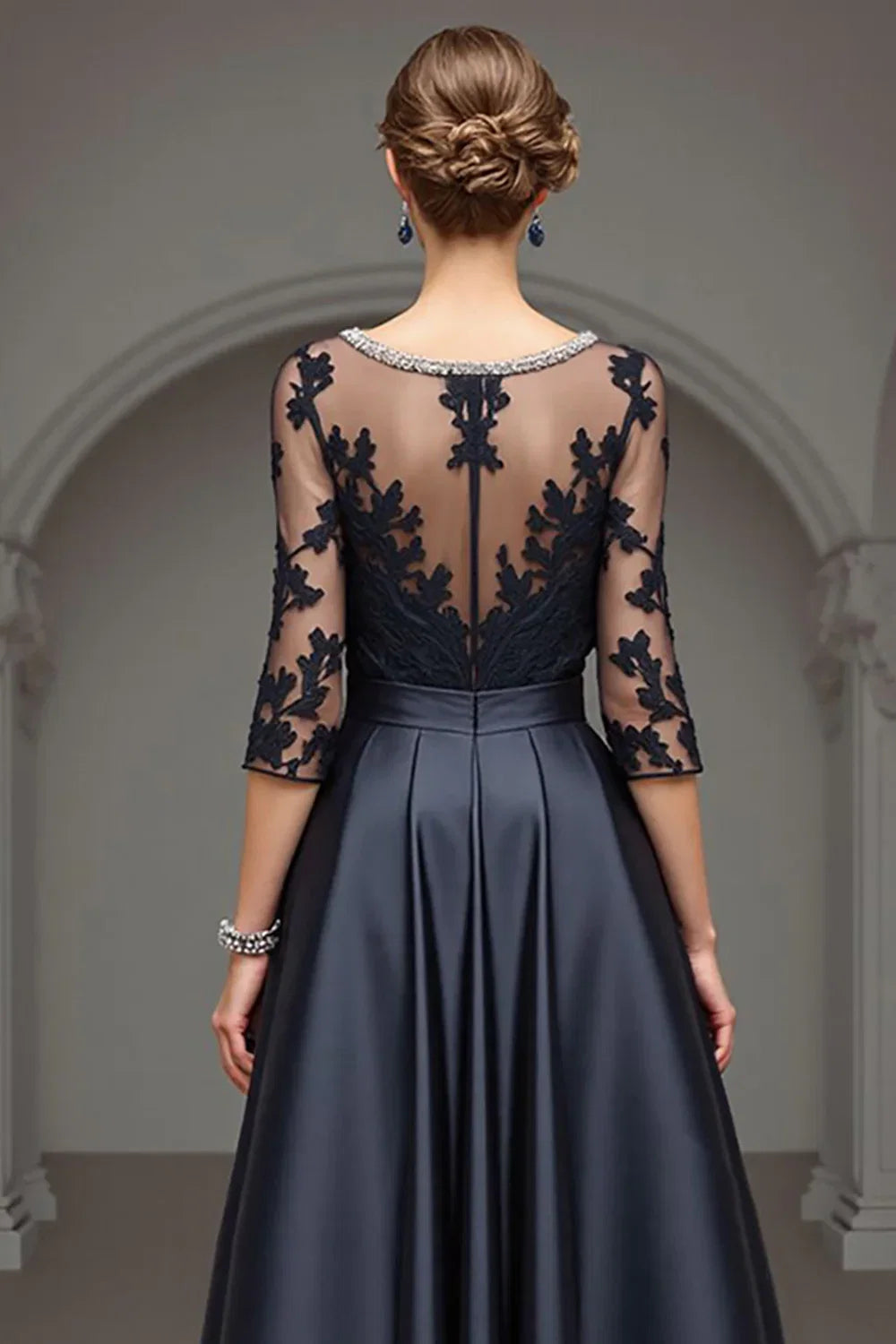 A Line Scoop Neck Long Sleeve Sheer Back Floor-Length Mother of the Bride Dress