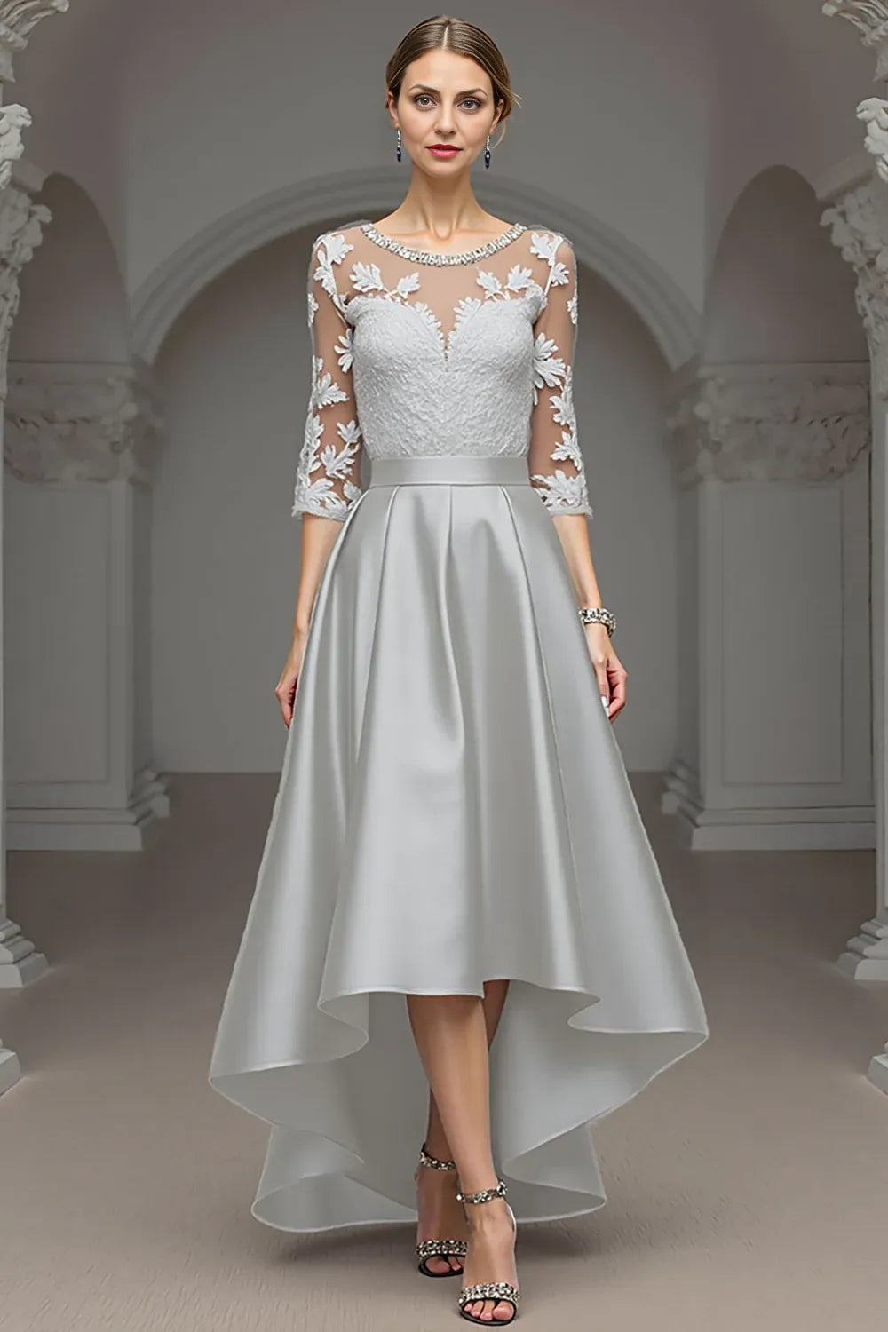 A Line Scoop Neck Long Sleeve Sheer Back Floor-Length Mother of the Bride Dress