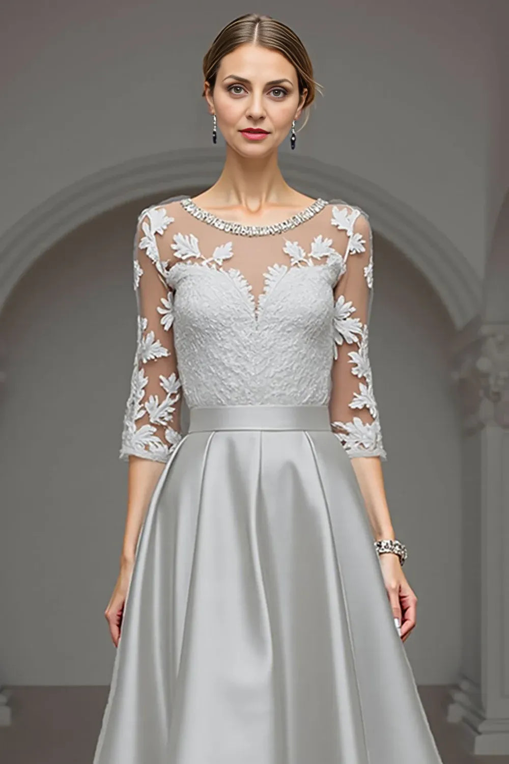 A Line Scoop Neck Long Sleeve Sheer Back Floor-Length Mother of the Bride Dress