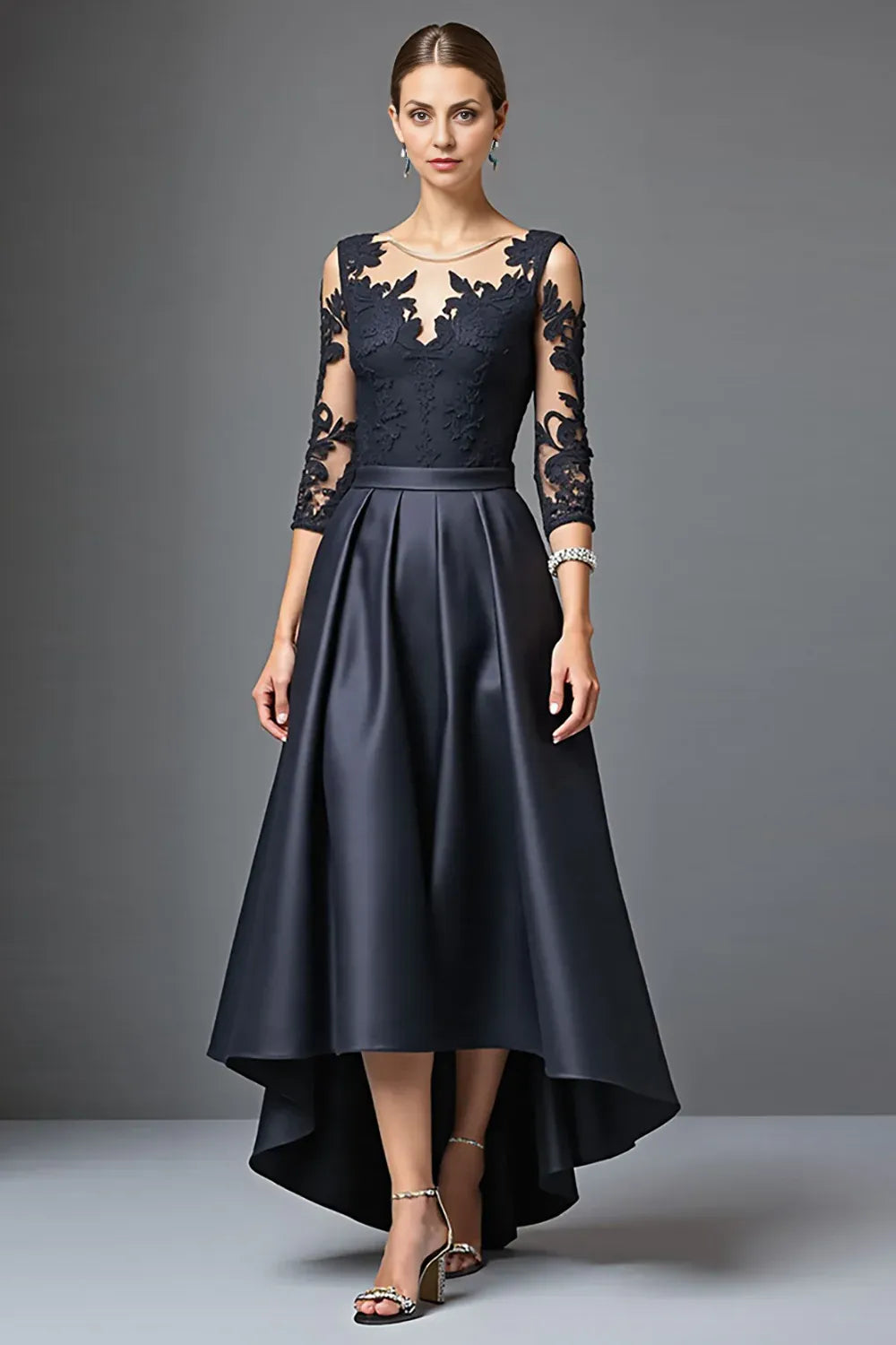 A Line Scoop Neck Long Sleeve Zipper Up Floor-Length Mother of the Bride Dress