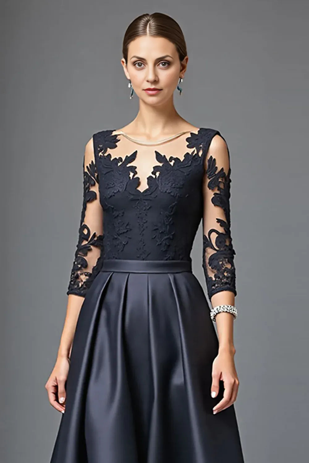 A Line Scoop Neck Long Sleeve Zipper Up Floor-Length Mother of the Bride Dress