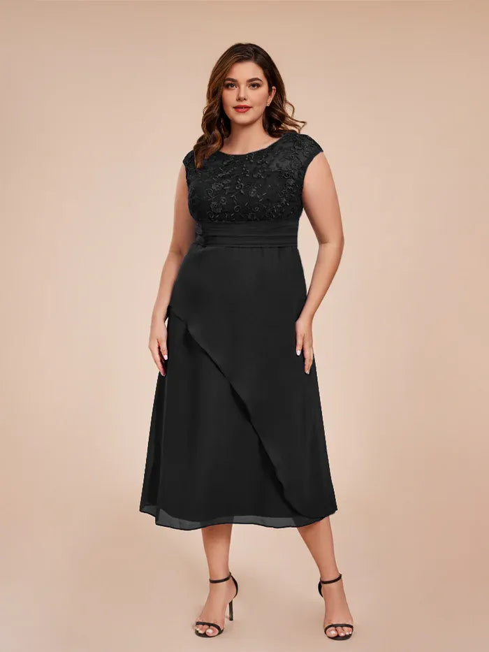 A Line Scoop Cap Sleeves Floor-Length Plus Size Mother of the Bride Dress