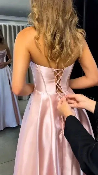 A Line Strapless Up Back Floor Length Prom Dress