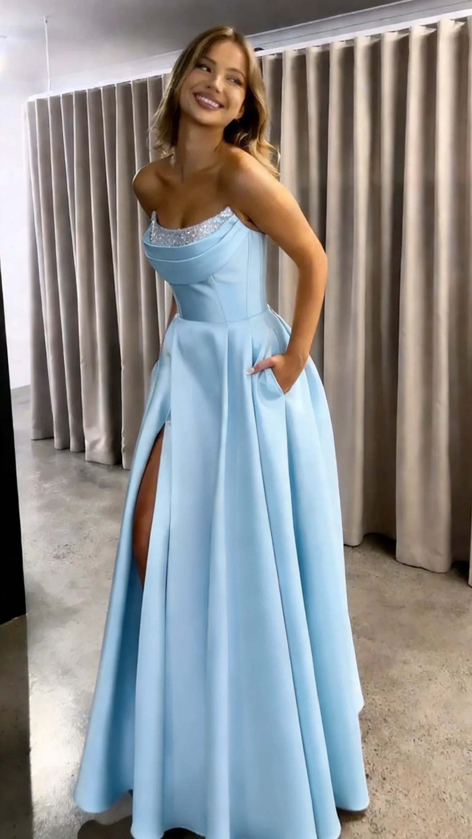 A Line Strapless Up Back Floor Length Prom Dress