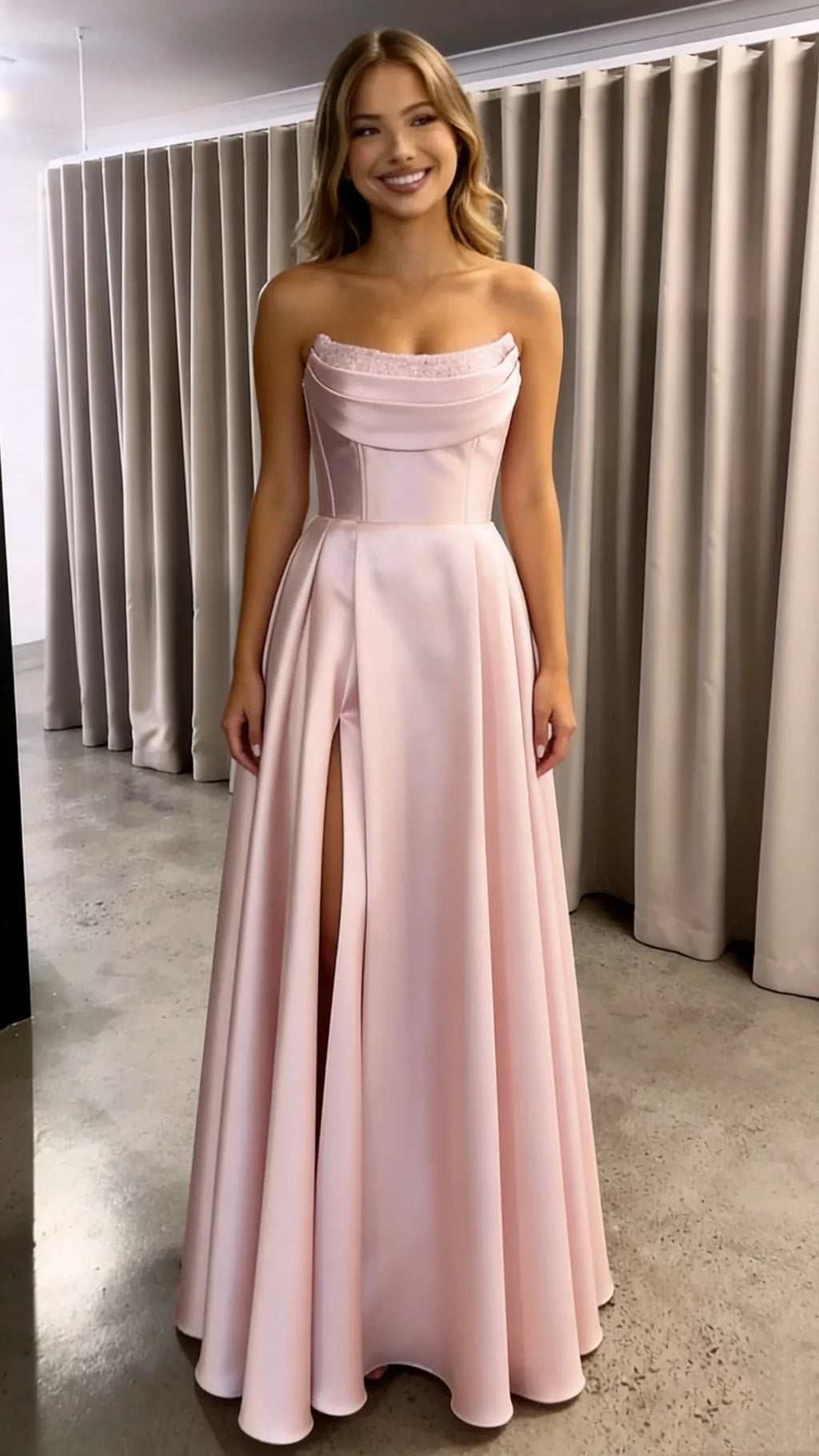 A Line Strapless Up Back Floor Length Prom Dress