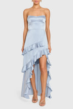 A Line Strapless Ruffle High Low Maxi Prom Dress
