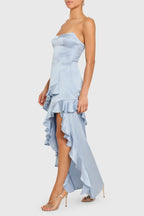 A Line Strapless Ruffle High Low Maxi Prom Dress