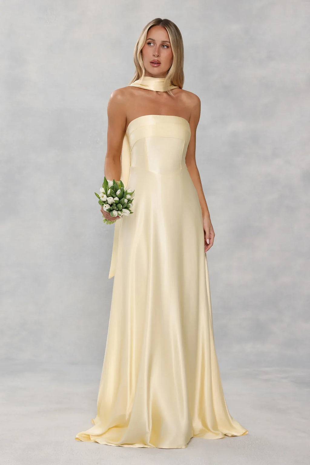 Prom Dress A Line Strapless Satin Yellow Floor Length With Detachable Sash For Elegant Prom Night