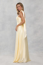 Prom Dress A Line Strapless Satin Yellow Floor Length With Detachable Sash For Elegant Prom Night