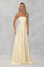 Prom Dress A Line Strapless Satin Yellow Floor Length With Detachable Sash For Elegant Prom Night
