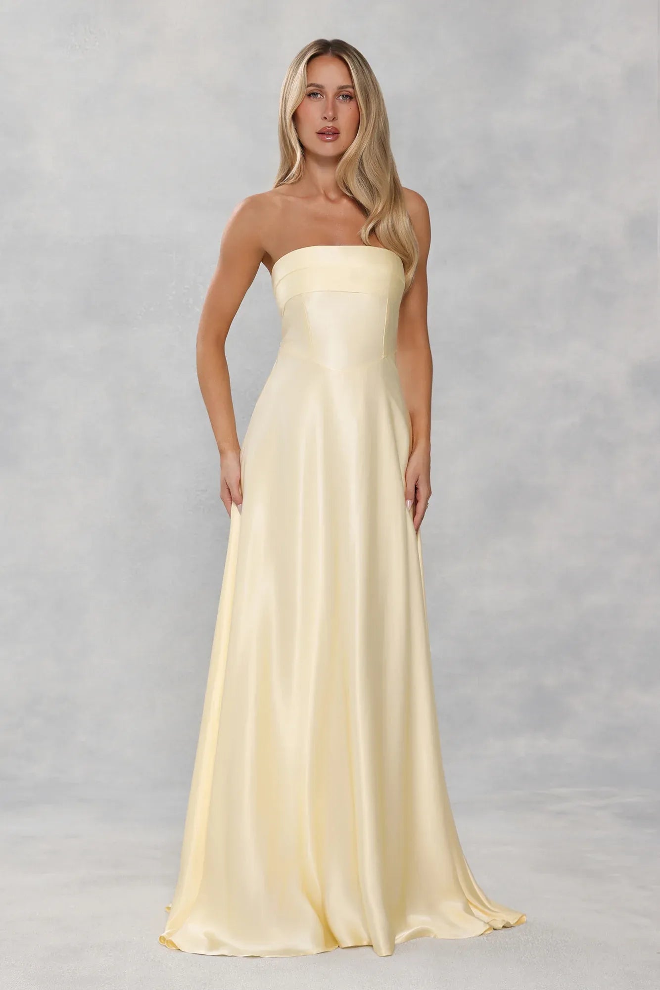 Prom Dress A Line Strapless Satin Yellow Floor Length With Detachable Sash For Elegant Prom Night