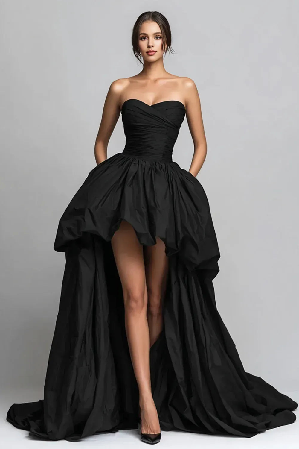 Ball Gown Strapless Sleeveless Pleated High-Low Prom Dress