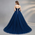 Navy Blue Prom Dress Elegant A Line Strapless Beaded Tulle With 3D Floral Corset For Prom Queens
