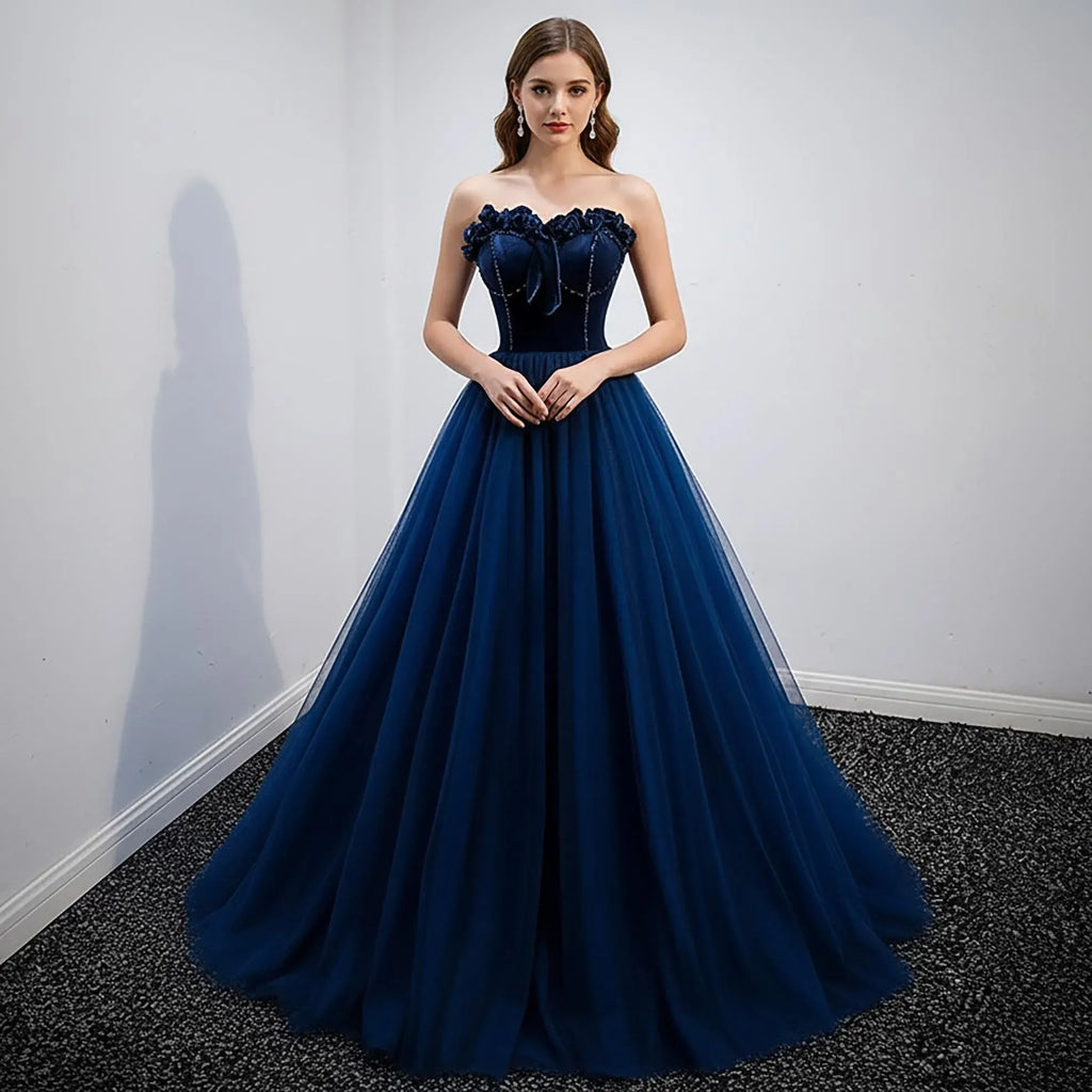 Navy Blue Prom Dress Elegant A Line Strapless Beaded Tulle With 3D Floral Corset For Prom Queens